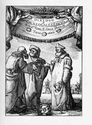Frontispice av dialogen angående de två främsta världssystemen av Galileo Galilei, 1632