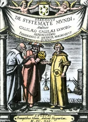 Frontispice till "Dialogo sopra i due massimi sistemi del mondo" av Galileo, publicerad 1632 (gravyr