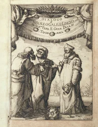 Galileo (vänster) samtalar med Ptolemaios (mitten) och Copernicus, illustrerad frontispice från Dialogo sopra i due Massimi Sistemi del Mondo, Tolemaico e Copernicano (Dialog angående två främsta världssystem, ptolemaisk och kopernikansk)