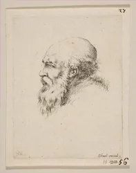 Chef för en skallig och skäggig gammal man i profil, från Various heads and figures Diverses ..., 1650.