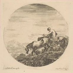 Herdsman on Horseback Drives Animals, ca. 1646.