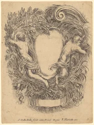 Kartusch med en man och en satyr