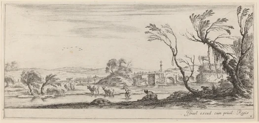 Landskap med bonde som förbereder sig för att korsa en bäck, i eller före 1647.