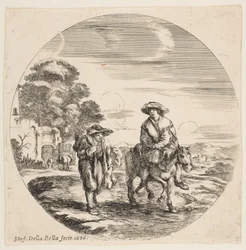 Landskap med två bönder, en som rider på en häst, från landskap och hamnar Paysages ..., 1656.