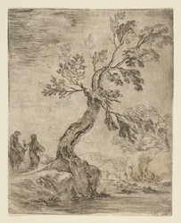 Landskap med två kvinnor, en monterad på en åsna, ca. 1660.