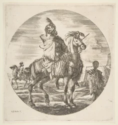 Morisk ryttare i profil vänd åt höger, till höger en svart slav som håller en päls, en anna..., ca 1651.