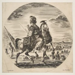 Morisk ryttare i profil vänd åt höger, i bakgrunden en pyramid till vänster, många fi..., ca 1651.