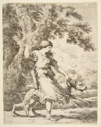Nymf som håller en stor hund vid halsbandet, ca. 1654.