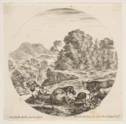 Plåt 10: en häst liggandes i mitten, en ko och två getter till höger, två sittande får..., ca. 1646.