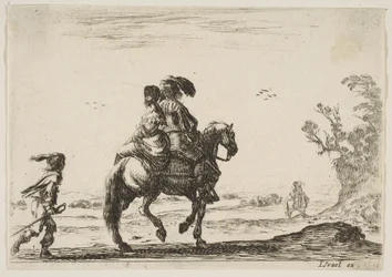 Plåt 10: en ryttare och en kvinna, sedda bakifrån, ridande åt höger med en unge ..., 1642.
