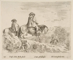 Plåt 10: två ryttare som går ner för ett berg till vänster, en annan ryttare till höger i ..., ca. 1644-47.