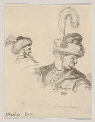 Skylt 11: en polsk byst i profil, vänd åt höger, ytterligare ett polskt huvud sett från..., ca. 1649.