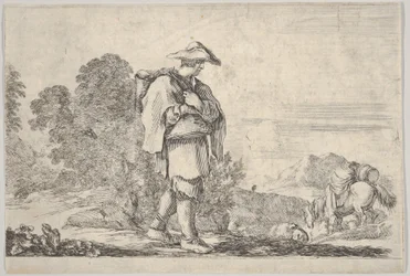 Tavla 11: en bonde som bär hatt i mitten, går åt höger, en häst stiger..., ca. 1641.