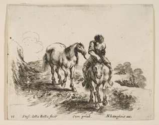 Plåt 11: en ung ryttare, sedd framifrån, leder en annan häst, från Diver..., ca. 1644-47.