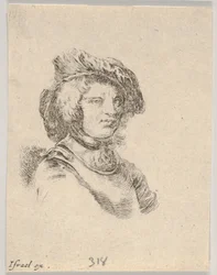 Skylt 11: byst av en man med keps och tittar åt höger, från Various heads a..., 1650.