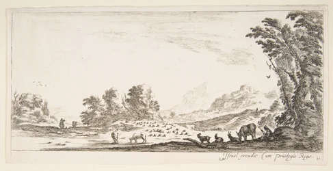 Plåt 11: herdinna som sitter till höger under ett träd och tittar på sin flock till vänster..., ca. 1641.