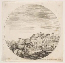 Tavla 12: en herde som sover på marken till höger, tre hästar till vänster, andra hästar..., ca. 1646.