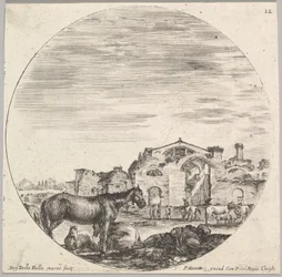 Tavla 12: en herde som sover på marken till höger, tre hästar till vänster, andra h..., ca. 1643-48.