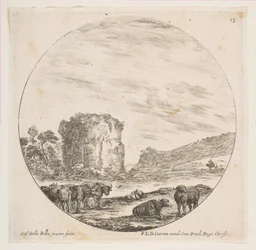 Plåt 13: ruiner av ett tempel i ett romerskt landskap, från romerska landskap och ruiner P..., ca. 1646.