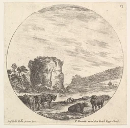 Plåt 13: ruiner av ett gammalt tempel i bakgrunden, en flock kor i förgrunden..., ca. 1643-48.