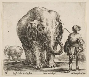 Skylt 16: en elefant i mitten, hans mahout står till höger med en Orient..., ca. 1644-47.