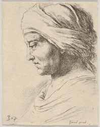 Plåt 16: huvud av en gammal man i profil med en duk knuten runt huvudet, från The B..., ca. 1649.