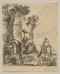Tavla 19: Landskap med en kavaljer som vattnar sin häst vid en fontän, från olika fi..., ca. 1646.