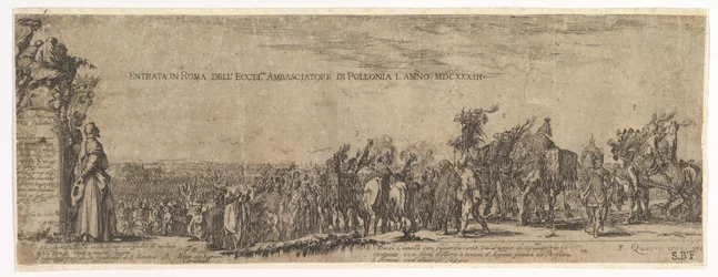 Plåt 1: Den polska ambassadörens inträde i Rom, Medicis vapen till vänster, 1633.