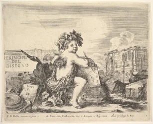 Tavla 1: ritningens geni, ett barn med vingar, sittande på en sten i mitten vänd ..., ca. 1641.