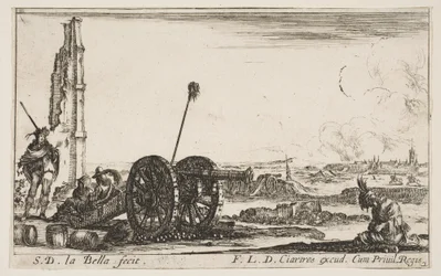 Plåt 2: En kanon till vänster, en stad i bakgrunden, från Various Military Capric..., ca. 1641.