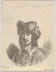 Plåt 2: huvudet på en man med mustasch och pälsmössa vänd åt vänster, en oval sammansättning, från..., 1650.
