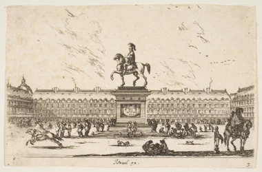 Skylt 3: La Place Royale, ryttarstaty av Ludvig XIII i profil vänd till vänster i ce..., 1642.