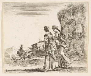 Plåt 3: två flickor som går åt vänster, sedd bakifrån, en kvinna på en häst t..., ca. 1644-47.