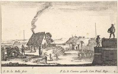 Plåt 4: Ett militärläger med en soldat som står på en bröstvärn till höger..., ca. 1641.
