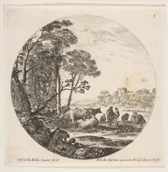 Plåt 4: en korintisk huvudstad på marken till vänster, ett monument med figurer i låg re..., ca. 1646.