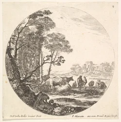 Plåt 4: en korintisk huvudstad på marken till vänster i förgrunden, ett monument med..., ca. 1643-48.