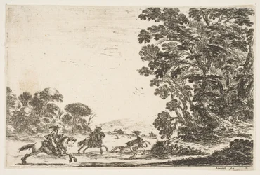 Plåt 4: en hjortjakt, två ryttare galopperande till vänster bakom tre hundar och en hjort..., 1642.