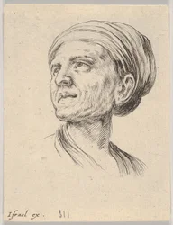 Plåt 4: huvudet på en gammal kvinna med motorhuv, se till vänster från Diverse huvuden och figurer..., 1650.