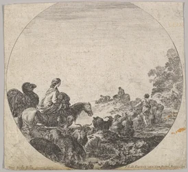Plåt 5: en kvinna som bär ett barn på en häst till vänster, en kamel som följer efter henne, en flock..., ca. 1643-48.
