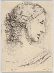 Plåt 5: huvudet på en kvinna, vänd i profil till höger, från Diverse huvuden och figurer..., 1650.