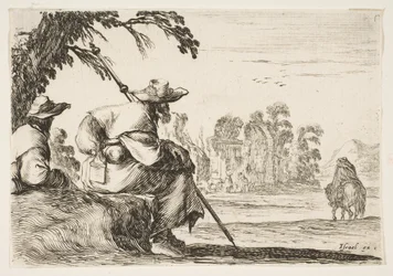Plåt 5: två pilgrimer med hattar vilar till vänster, sedd bakifrån, rider en ryttare mot krig..., 1642.