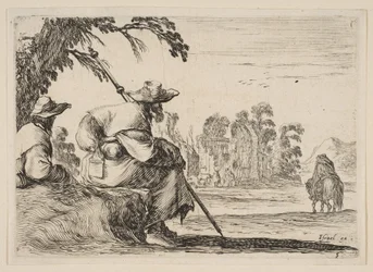 Plåt 5: två pilgrimer med hattar vilar till vänster, sedd bakifrån, rider en ryttare mot krig..., 1642.