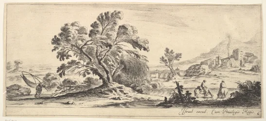 Plåt 6: en fiskare som bär ett nät till vänster, två ryttare i en bäck till höger, ett träd..., ca. 1641.