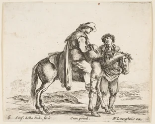 Tavla 6: en bonde till häst i profil vänd till höger, med en korg och t..., ca. 1644-47.