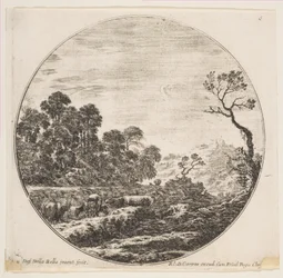 Plåt 6: kor som korsar en dal till vänster, en ryttare och andra kor i bakgrunden..., ca. 1646.