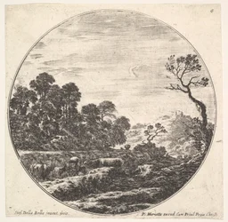 Plåt 6: kor som korsar en dal till vänster, en grupp träd till vänster, en ryttare och o..., ca. 1643-48.
