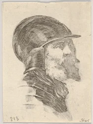 Plåt 6: huvudet på en gammal skäggig soldat med hjälm vänd åt höger, från Various heads..., 1650.
