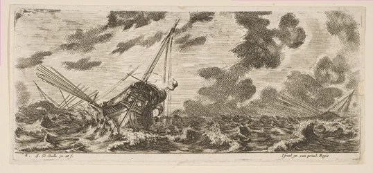 Plåt 6: tre fartyg i en storm, från Various Embarkations Divers embarquements, ca. 1646-47.