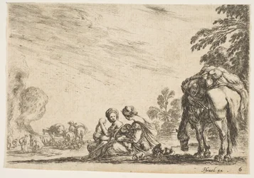 Skylt 6: två kvinnor, en som ammar ett barn, sittande bredvid en hund och en häst som bär en flock..., 1642.