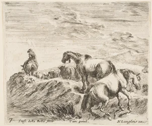 Plåt 7: två hästar som stiger uppför stranden av en flod till höger, efter en procession ..., ca. 1644-47.